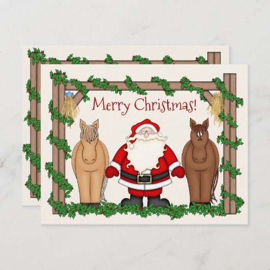 かわいいサンタと馬メリークリスマスホリデー シーズンカード (正面/裏面)