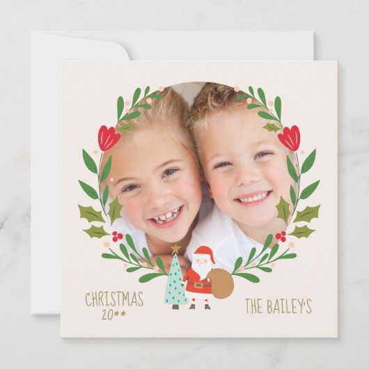 かわいいサンタのクリスマスリースの写真カード 招待状 (正面)