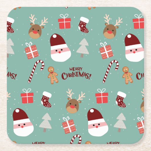 かわいいサンタのトナカイ甘いジンジャーブレッド スクエアペーパーコースター (正面)