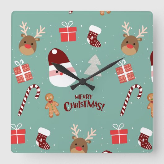 かわいいサンタのトナカイ甘いジンジャーブレッド スクエア壁時計 (正面)