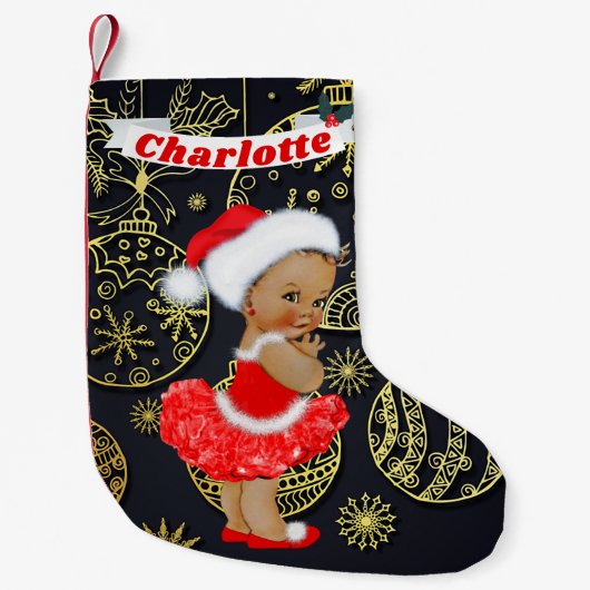 かわいいサンタの女の赤ちゃんの民族の一流の金ゴールドのオーナメント スモールクリスマスストッキング (正面)