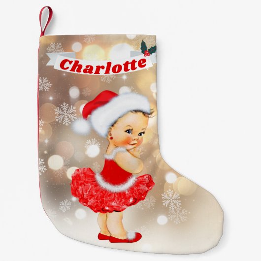 かわいいサンタの女の赤ちゃんの赤い金ゴールドのモノグラムの名前 スモールクリスマスストッキング (正面)