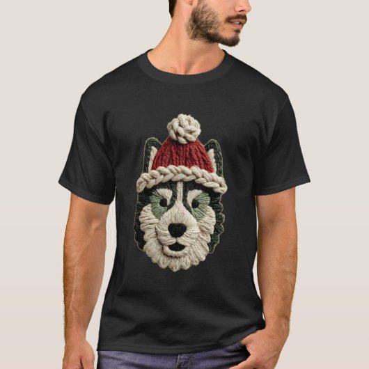 かわいいサンタの帽子をかぶったシベリアンハスキーのクリスマス Tシャツ (正面)