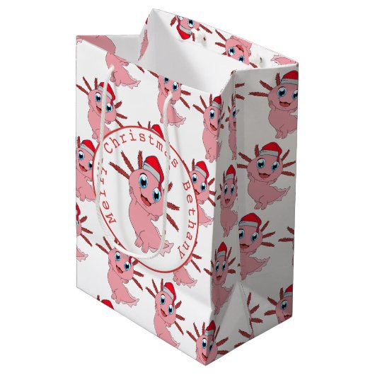 かわいいサンタアクソロトルネームメリークリスマス ミディアムペーパーバッグ (正面アングル)