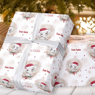 かわいいサンタエレファントレッドホワイトボーイズネームクリスマス ラッピングペーパー