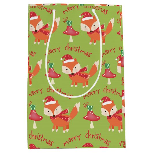 かわいいサンタキツネメリークリスマス ミディアムペーパーバッグ (正面)