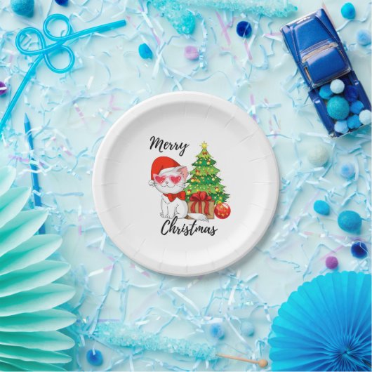かわいいサンタキャットのメリークリスマスツリー ペーパープレート (パーティー)