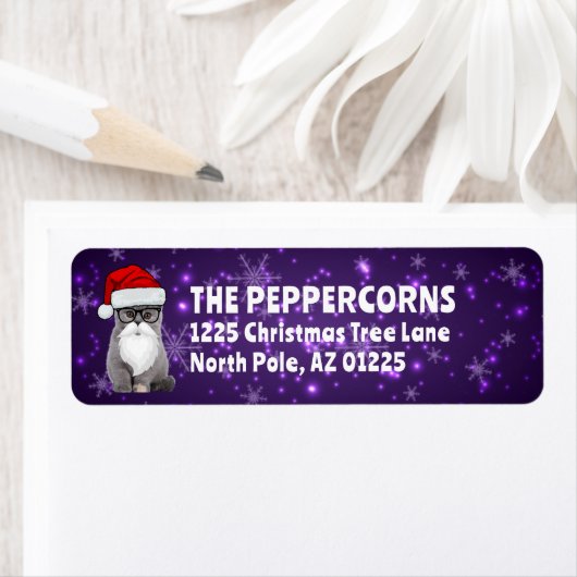 かわいいサンタクリスマスキャットパープル差出人住所 ラベル (インサイチュ)