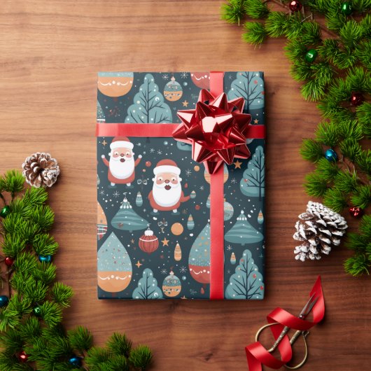 かわいいサンタクリスマスツリーオーナメントリボン雪 ラッピングペーパー (クリスマスギフト)