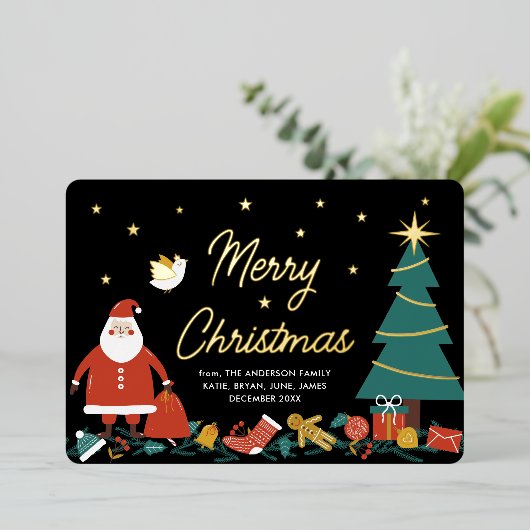 かわいいサンタクリスマスフォイル休日グリーティングカード 箔シーズンカード (立ち正面)