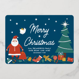 かわいいサンタクリスマスフォイル青いグリーティングカード 箔シーズンカード