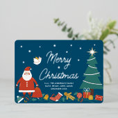 かわいいサンタクリスマスフォイル青いグリーティングカード 箔シーズンカード (立ち正面)