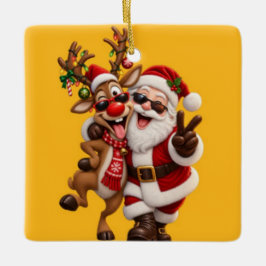 かわいいサンタクロースとシカのクリスマス ホリデーお祭り セラミックオーナメント