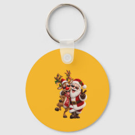 かわいいサンタクロースとシカのクリスマス ホリデーフェスティブ キーホルダー