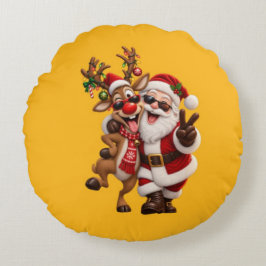 かわいいサンタクロースとシカのクリスマス ホリデーフェスティブ ラウンドクッション