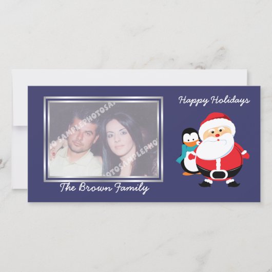 かわいいサンタクロースとペンギン冬のフォトカード シーズンカード (正面)