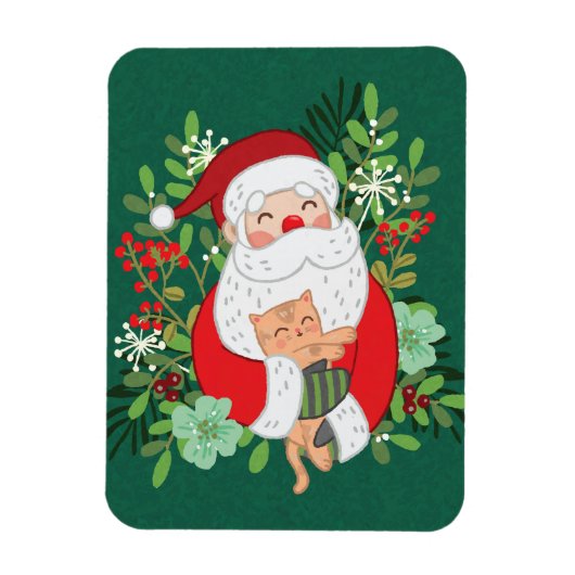 かわいいサンタクロースと猫 マグネット (縦)