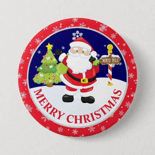 かわいいサンタクロースと雪のシーンのクリスマス 缶バッジ (正面)