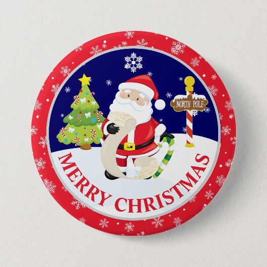 かわいいサンタクロースと雪のシーンのクリスマス 缶バッジ (正面)