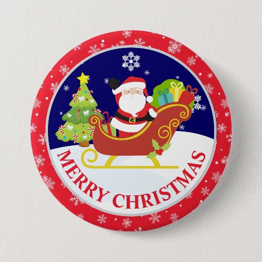 かわいいサンタクロースと雪のシーンのクリスマス 缶バッジ (正面)