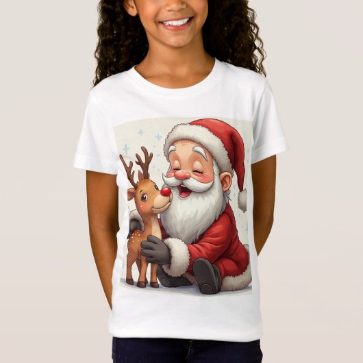 かわいいサンタクロースに触れて幸せなクリスマス Tシャツ (正面)