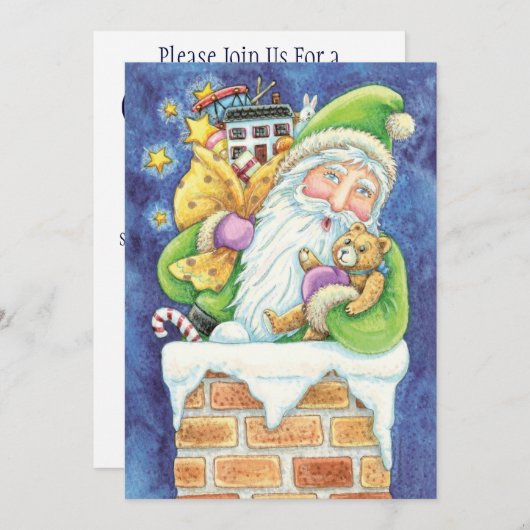 かわいいサンタクロースのおもちゃ煙突の雪クリスマスパーティー 招待状 (正面/裏面)