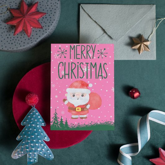 かわいいサンタクロースのクリスマスピンクのはがき シーズンポストカード