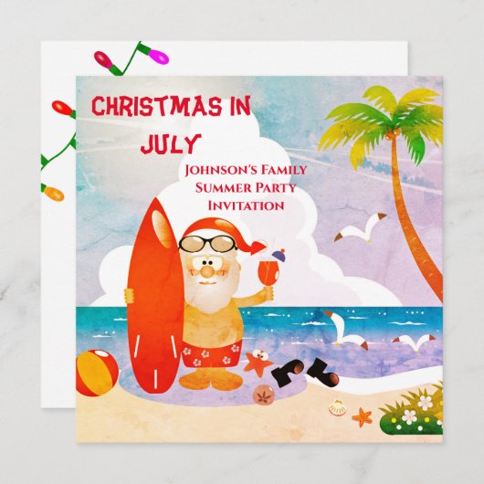かわいいサンタクロースのクリスマス・イン・ジュライ・サマー・パーティ 招待状 (正面/裏面)