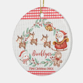 かわいいサンタクロースのトナカイ1stクリスマスフォト セラミックオーナメント (左)