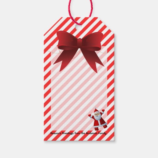 かわいいサンタクロース赤い弓メリークリスマスストライプのクリスマス ギフトタグ (正面)