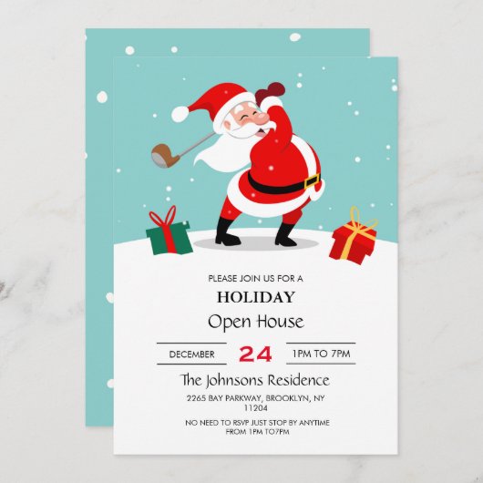 かわいいサンタクロース遊ゴルフイラストレーション。 招待状 (正面/裏面)