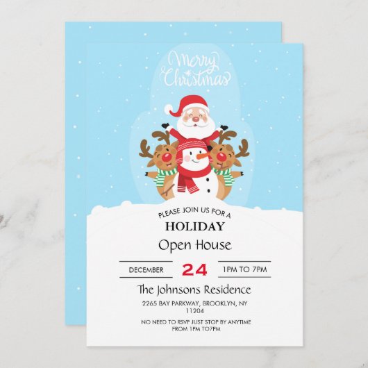 かわいいサンタクロース、トナカイと雪だるま 招待状 (正面/裏面)