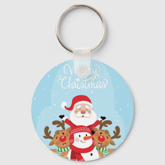 かわいいサンタクロース、鹿と雪だるま キーホルダー (正面)