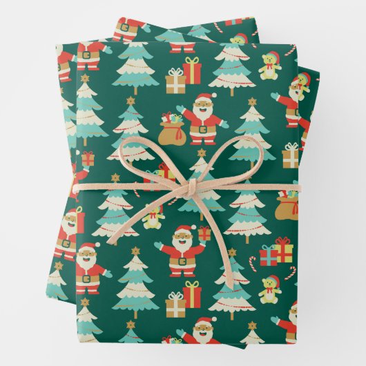 かわいいサンタグリーンクリスマスカラフルシーン ラッピングペーパーシート (インサイチュ)