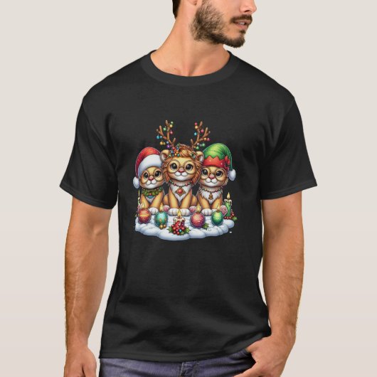 かわいいサンタトナカイ小妖精や小人ライオンクリスマスウィメンズ Tシャツ (正面)