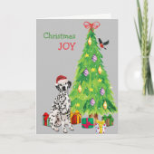 かわいいサンタハットダルマチア犬とクリスマスツリー シーズンカード (正面)