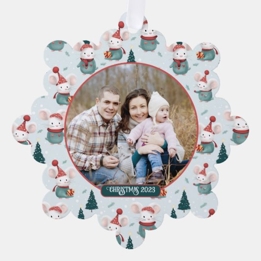 かわいいサンタハットホワイトネズミクリスマスフォト オーナメントカード (正面)