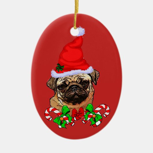 かわいいサンタパグ愛好家のためのクリスマス セラミックオーナメント (正面)