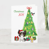 かわいいサンタパピヨン犬とクリスマスツリー シーズンカード (正面)