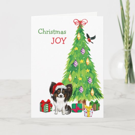 かわいいサンタパピヨン犬とクリスマスツリー シーズンカード (正面)