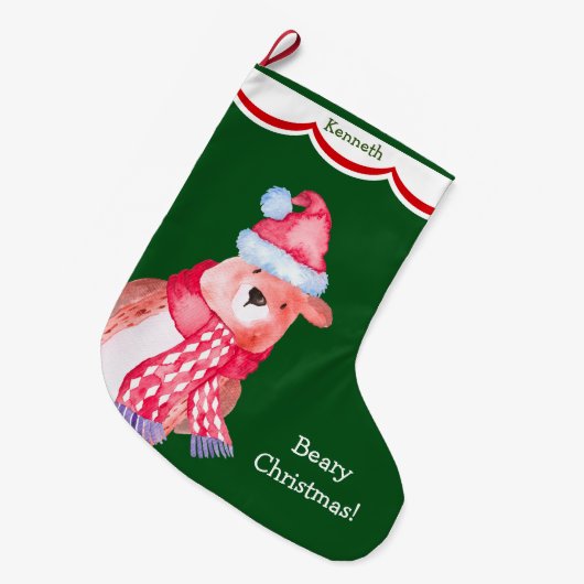 かわいいサンタパーソナライズされたベア ラージクリスマスストッキング (正面 (吊り時))