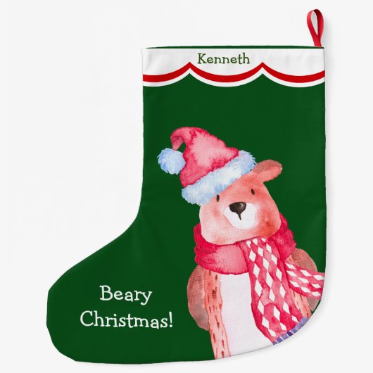 かわいいサンタパーソナライズされたベア ラージクリスマスストッキング (裏面)