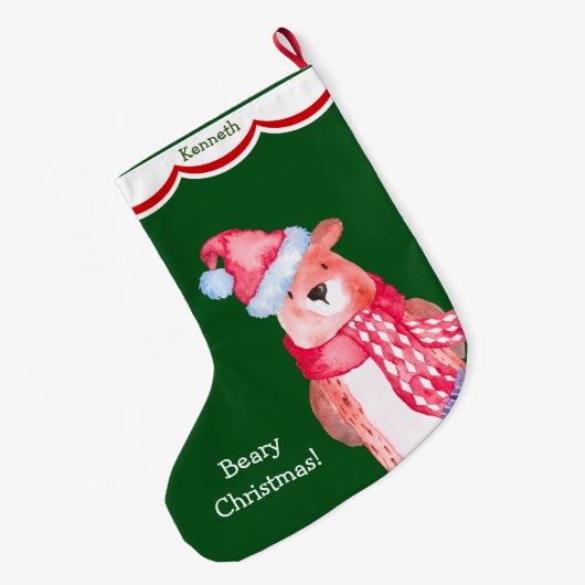 かわいいサンタパーソナライズされたベア ラージクリスマスストッキング (裏面 (吊り時))