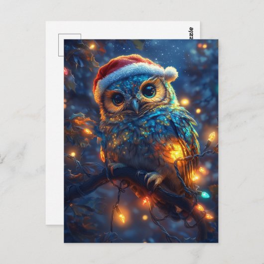 かわいいサンタフクロウとライト ポストカード (正面/裏面)