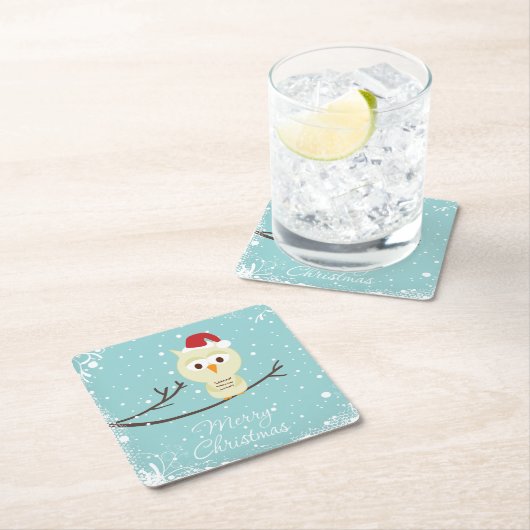 かわいいサンタフクロウ目出しクリスマスライトブルー スクエアペーパーコースター (インサイチュ)