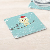 かわいいサンタフクロウ目出しクリスマスライトブルー スクエアペーパーコースター (アングル)