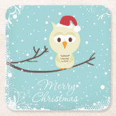 かわいいサンタフクロウ目出しクリスマスライトブルー スクエアペーパーコースター (正面)