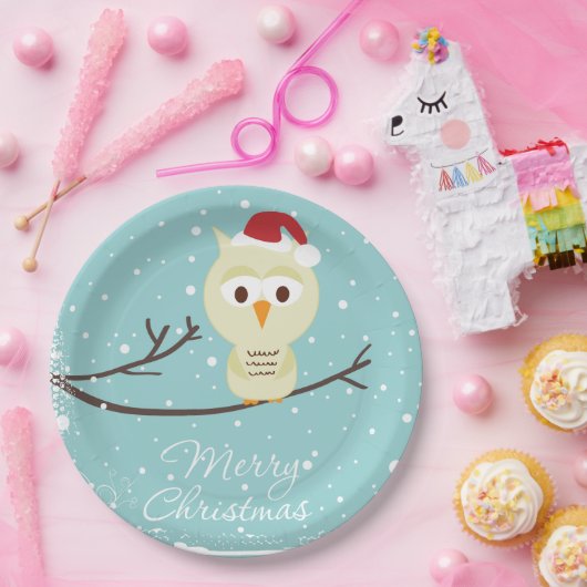 かわいいサンタフクロウ目出しクリスマスライトブルー ペーパープレート (パーティー)