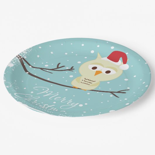 かわいいサンタフクロウ目出しクリスマスライトブルー ペーパープレート (アングル)