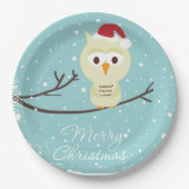かわいいサンタフクロウ目出しクリスマスライトブルー ペーパープレート (正面)